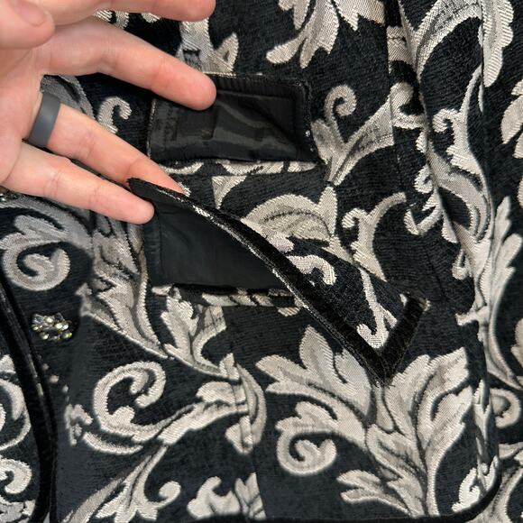 VTG Lovely Blazer Jacket Womens 12 Black White Baroque Damask Pattern 3-Button - Picture 7 of 15
